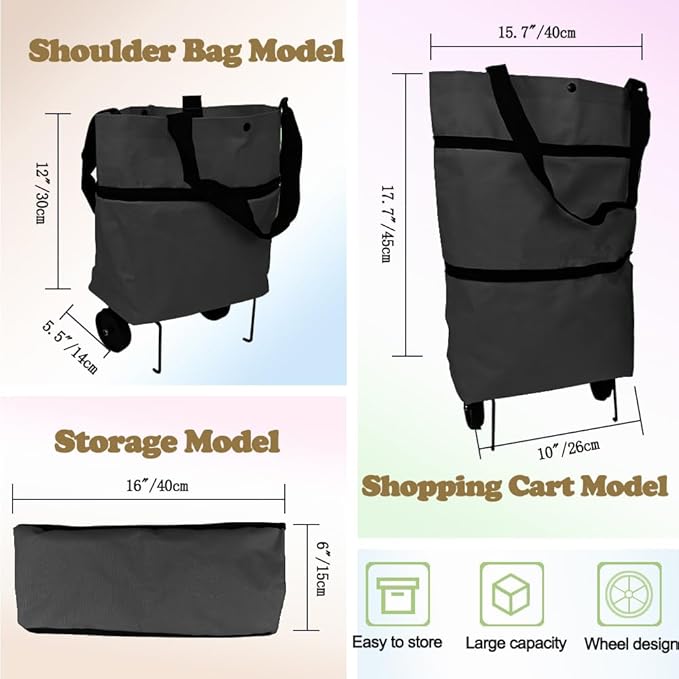 Collapsible Shopping Grocery Bag With Wheels Rolling Tote Bag With Wheels Large Reusable Shopping Bags(Black,Large)