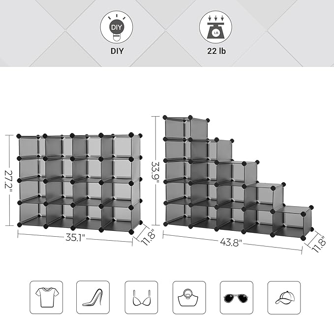 SONGMICS Shoe Rack with 16 Cubes, Interlocking Plastic Shoe Organizer, DIY Storage Cabinet for Closet Entryway Bedroom Garage