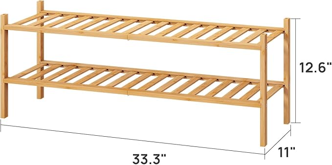 viewcare 2-Tier Long Shoe Rack for Entryway, Black Bamboo Wood Shoe Rack for Closet & Hallway, Long 33IN | Beautiful | Functi