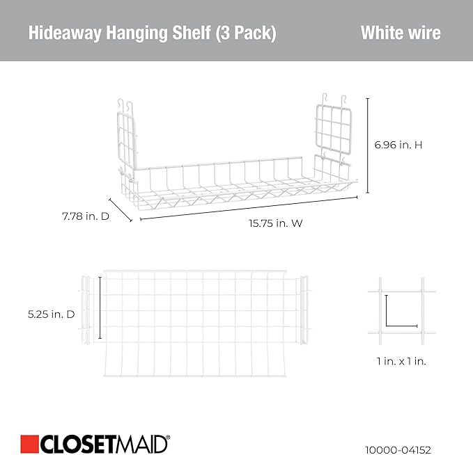 ClosetMaid Hideaway Behind-the-Hangers Hanging Wire Shelf for Closets, Pantries, Laundry Rooms (3-Pack)