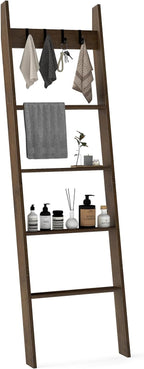 GOFLAME 5-Tier Blanket Ladder, 58.5” Bamboo Decorative Ladder Shelf with 4 Removable Hooks and 4 Deep Rungs, Wall Leaning Far