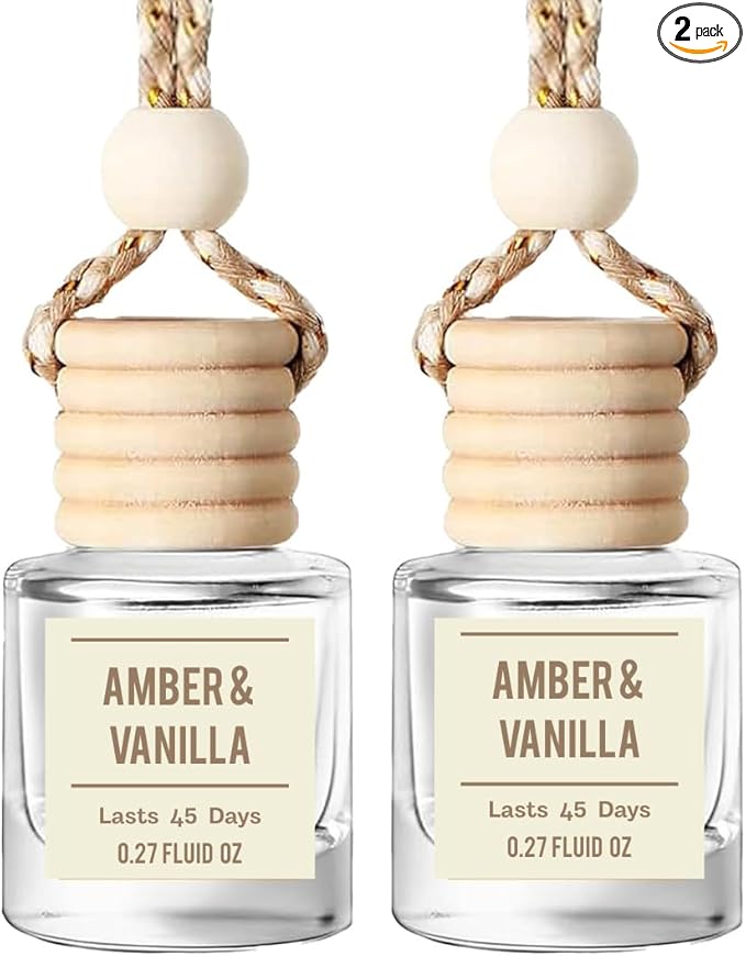 Amber & Vanilla Hanging Car Air Freshener – Long Lasting Essential Oil Diffuser for Car, Closet, Bathroom – 2-Pack Natural Sc