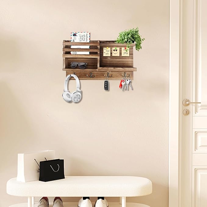 Key Holder Wall Mount, Solid Wood Key and Mail Organizer for Wall(Self Adhesive or Drill), 8 Hooks Key Rack for Entryway Hall