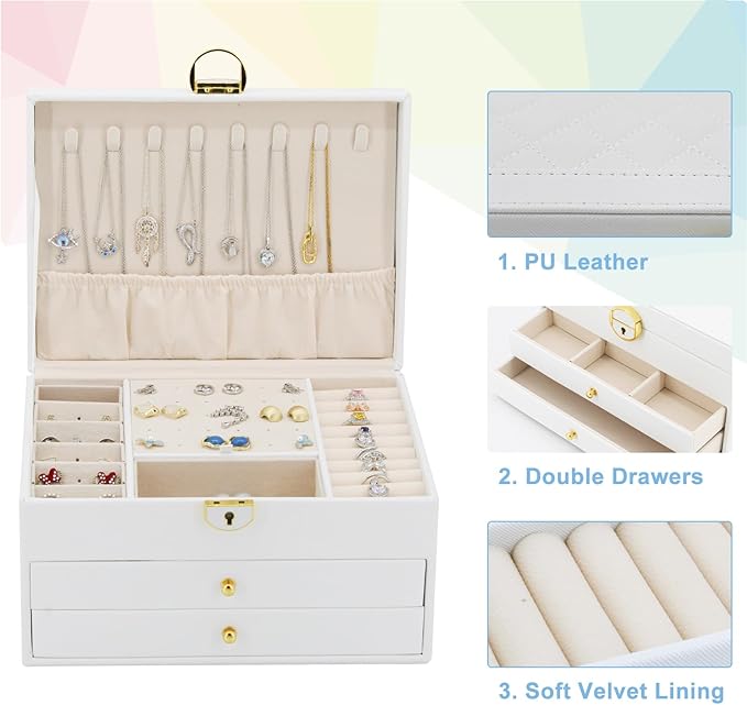 KOOAAICCHI Jewelry Box for Women, 3-Layer Jewelry Organizer, Jewelry Storage Case PU Leather for Earrings, Bracelets, Ring, N