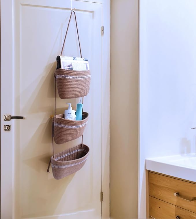 Over the Door Hanging Basket for Organizing 3 Tiers Woven Cotton Rope Wall Mount Storage basket Decorative Kitchen Hanging Or