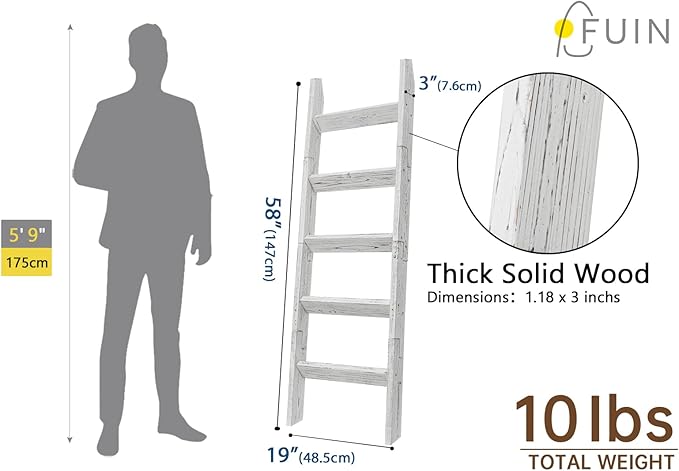 FUIN 5ft Wood Blanket Ladder Living Room Decorative Wall Leaning Farmhouse Quilt Display Holder Storage Wooden Towel Rack for