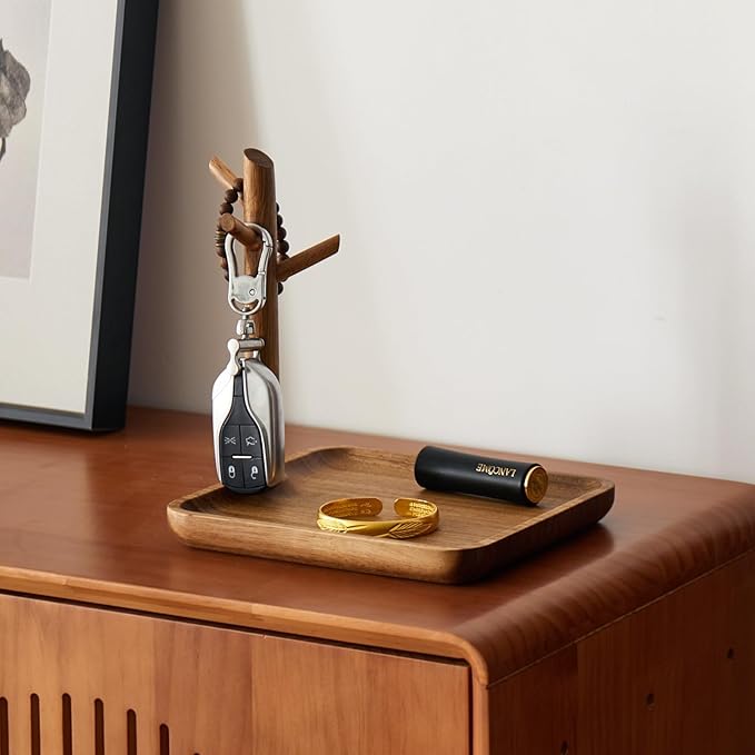 Solid Acacia Wood Key Tray and Bowl for Entryway Table - Jewelry Tray With 3 Hooks, Open Storage for Wallet, Glasses, Watches
