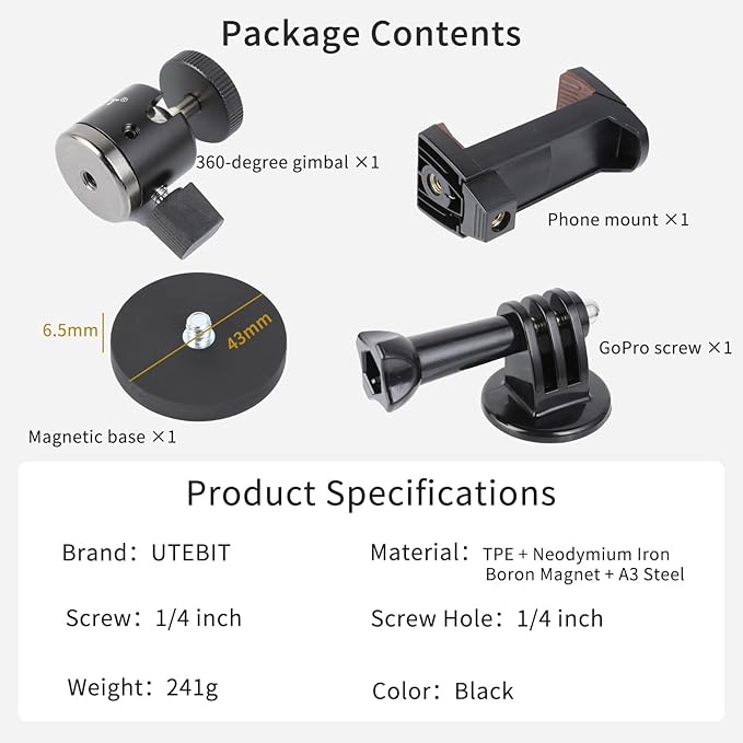 UTEBIT Magnet Camera Mount for Action Camera, 43mm Strong Magnetic Base Mount with 360° Rotation Ball Head & Phone Holder Mount, Compatible with Gopro Hero, DJI Osmo Action Osmo Nano, Insta360, Black