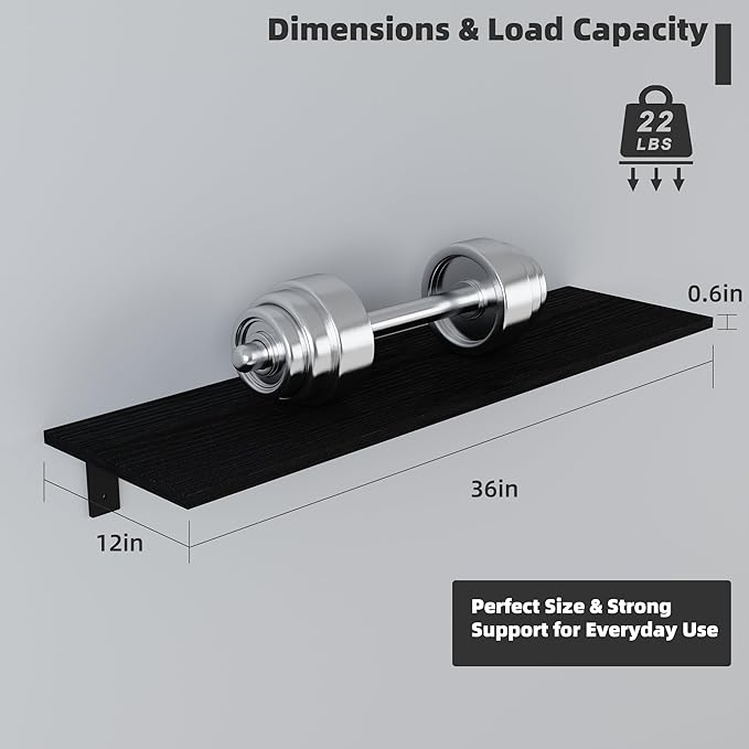 Floating Shelf Board for Wall 5/8" – No Brackets – 36" L x 12" W x 0.6" T Black Melamine Wood Floating Shelves for Bathroom, 