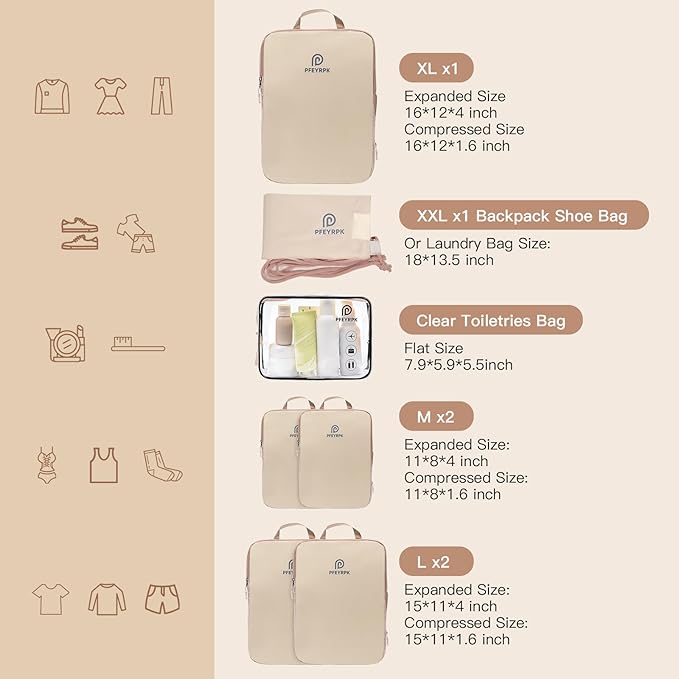 PFEYRPK Lightweight Compression Packing Cubes for Suitcases, Compressible Expandable Travel Packing Organizer with Clear Toil