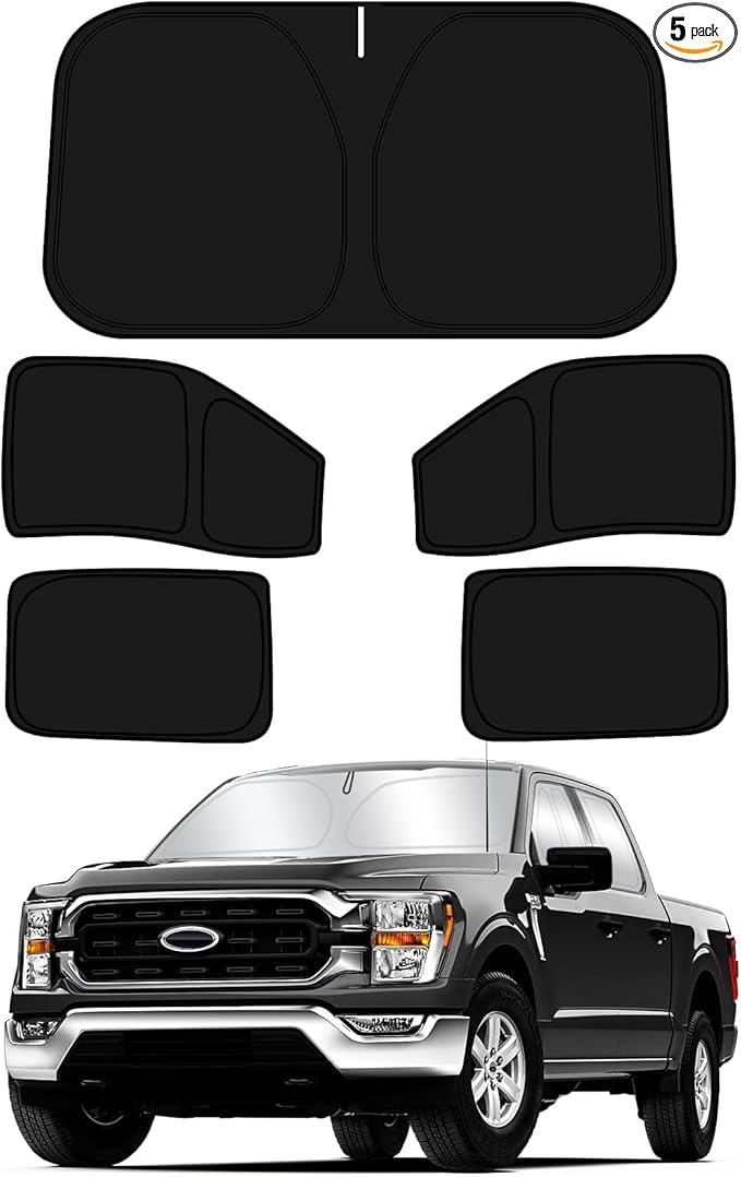 D-Lumina Windshield Sun Shade for Fo-rd F-150 2021-2025 F150 Crew Cab 4 Door Accessories, Front and Side Window Shades Sun Visor Protector Block UV Rays, Foldable 2 Layers 210T Material Pack of 5