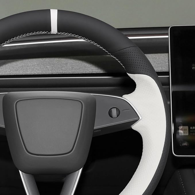 MEWANT DIY Stitching Real Leather Steering Wheel Cover Wrap for Tesla Model 3 Highland 2023-2025/Model Y 2025 Highland for Tesla Model 3/Model Y Accessories(3D Style)