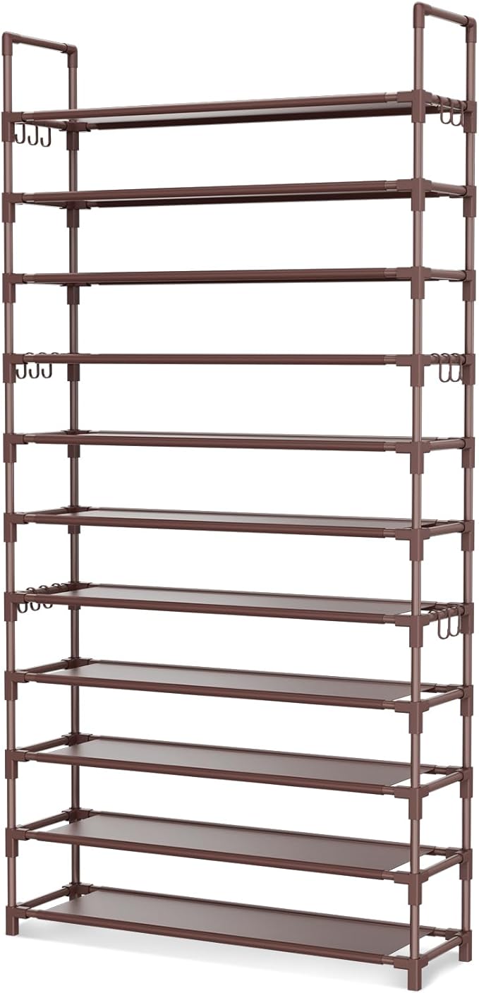 LANTEFUL 11 Tiers Tall Shoe Rack Holds 55 Pairs of Shoes with 18pcs Hooks Sturdy Wide Shoe Organizer Storage Free Standing Me