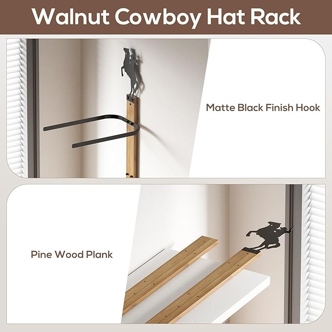 Cowboy Hat Rack for Wall – 3-Piece Wooden & Metal Western Hat Holder, Rustic Rider Sign Decor, Holds up to 6 Hats, Wall Mount
