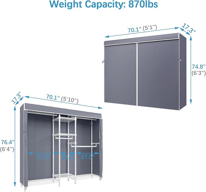 VIPEK Classic V6C Heavy Duty Covered Clothes Rack Portable Wardrobe Closet, 5 Tiers Wire Garment Rack White Metal Clothing Ra