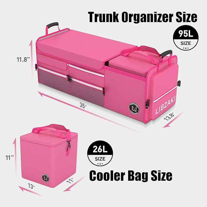 LIBZAKI Oversize 4 in 1 Car Trunk Storage Organizer, Multi Compartment Collapsible Trunk Storage Box with Cooler Bag for Car