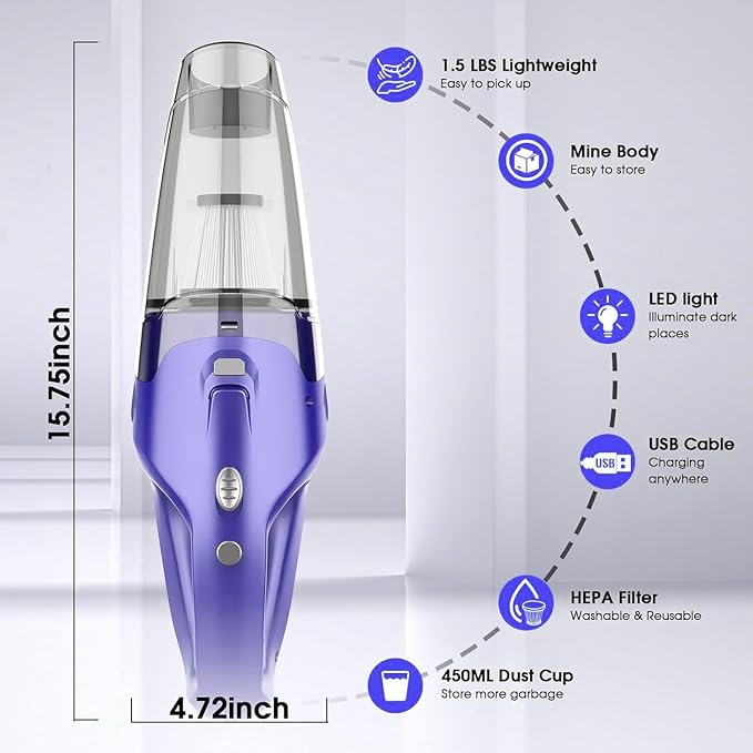 Handheld Vacuum Cordless Rechargeable – 6000Pa Mini Hand Held Vacuum, LED Light, 20–25 Mins Runtime, USB Charging, 500ML Cup 