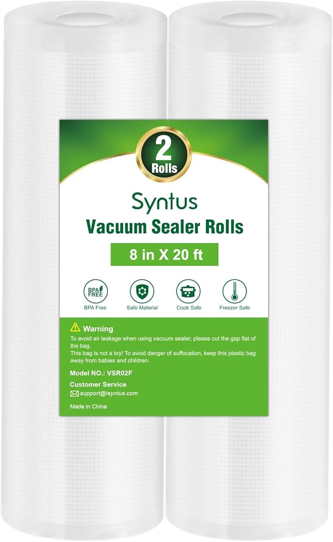 Syntus Vacuum Sealer Bags for food, 2 Pack 8" x 20' Commercial Grade Bag Rolls, Food Vac Bags for Storage, Meal Prep or Sous 