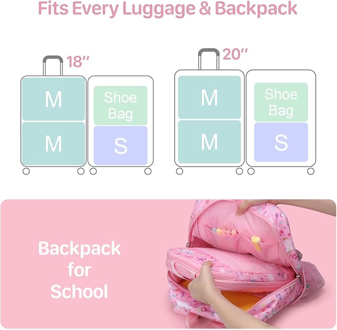 Kids Compression Packing Cubes, 4 Piece Set for Carry On Suitcase, Water Resistant Travel Luggage Organizers with Shoe Bag, T