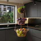 Hanging Fruit Basket – 3 Tier Hanging Baskets for Kitchen – Heavy Duty Wire Fruit and Vegetable Basket with Hooks, Copper Fin