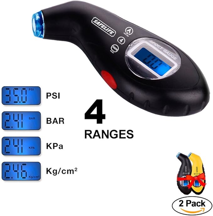 SAFELIFE Digital Tire Pressure Gauge 150 PSI 4 Settings with Backlit LCD and Non-Slip Grip (2package)
