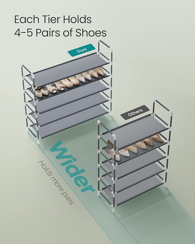 SONGMICS 5-Tier Shoe Rack, Shoe Storage for Hallway Closet, Slim and Space-Saving, Metal Frame, Non-Woven Fabric Shelves, Gre