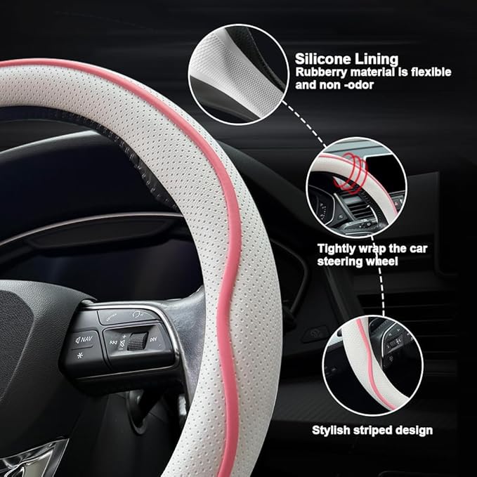 HAOTULE Leather Steering Wheel Cover， with Anti-Slip Stripe Design - Enhanced Grip, Fashion Style, Safe, Non-Slip, Breathable