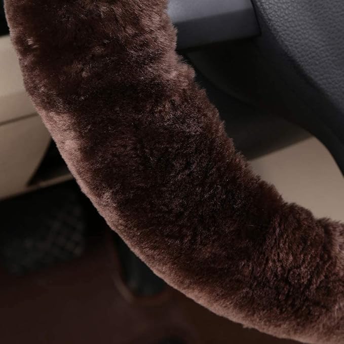 Fluffy Fur Wool Sheepskin car Steering Wheel Cover, Fuzzy Protector for Universal Steering Wheel 15inch, Anti-Slip,Comforting