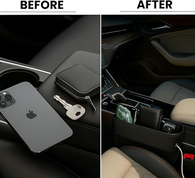 AC4®️ Universal Car Seat Gap Filler Organizer | Premium PU Leather Storage for Car, SUV & Trucks | Car Pocket Organizer for front seat, Cable Slots, Wallet, Sunglasses & Essentials.