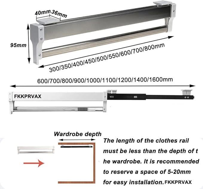 Clothes Rail, Extendable Steel Closet Rod for Pants and Clothing Storage, Adjustable Hanger Rail, Space Saving Design,800mm