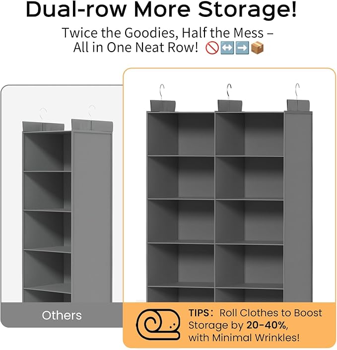 ALLTIDYUP Space-Saving Hanging Closet Storage Organizer – Dual-Row Foldable Shelves with 3 Hooks, 6-Tier Wardrobe Organizer f
