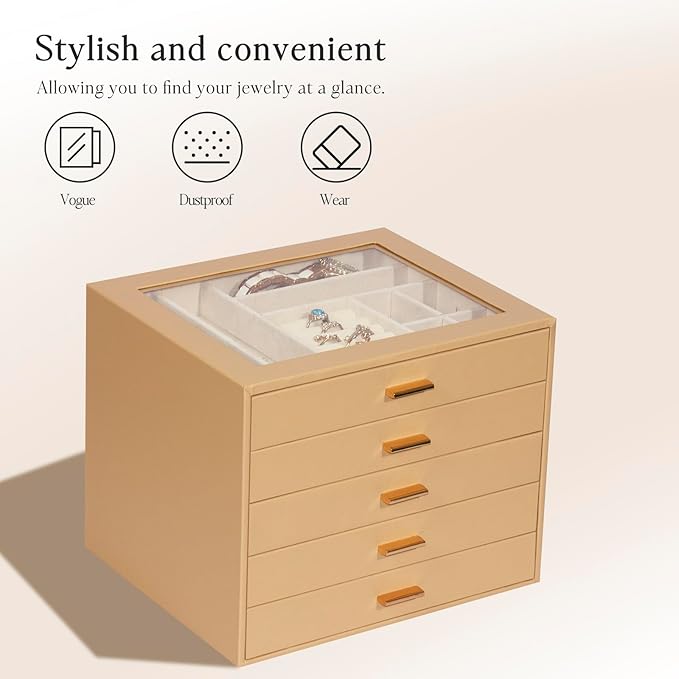 Jewelry Box with Glass Lid, 5-Layer Jewelry Organizer for Women Girls, PU Leather Display Case with 20-Grid Earring Tray & Mo
