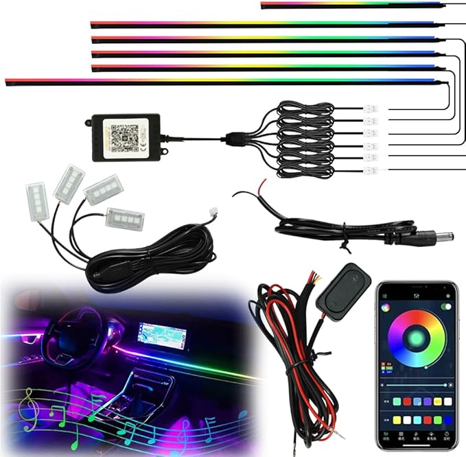 Interior Car Strip Lights Dreamcolor Acrylic Car Decorative Lights with APP Control Multicolor Internal Lighting Kit Music&DIY Function Ambient Fiber Optic Strip LEDs