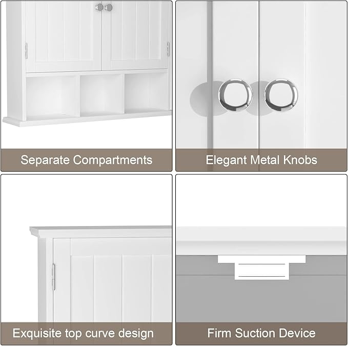 ChooChoo Bathroom Cabinet Wall Mounted 2-Door with 3 Open Shelves, Wooden Medicine Cabinets with Adjustable Shelf, Space Save