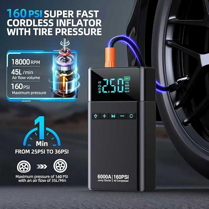 10-in-1 Portable Car Battery Jump Starter with Air Compressor, 6000A 160PSI Portable Car Jumper Starter (All Gas 12L