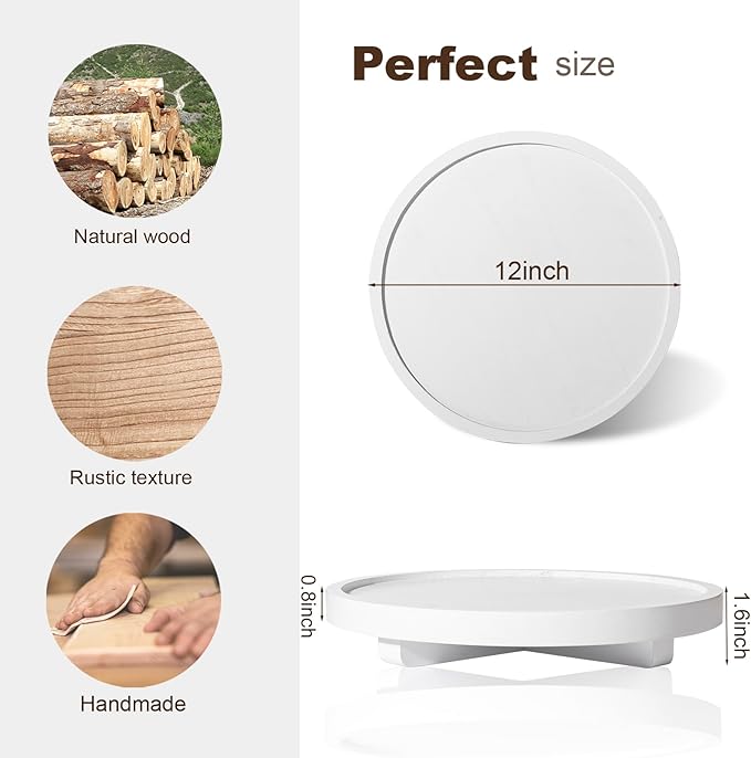 Round Decorative Tray Wood Bathroom Counter Organizer Farmhouse Kitchen Decor Wooden Riser for Soap Dish, Perfume, Candle, Sp