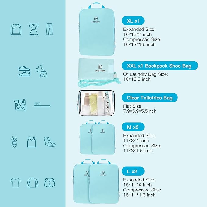 PFEYRPK Lightweight Compression Packing Cubes for Suitcases, Compressible Expandable Travel Packing Organizer with Clear Toil