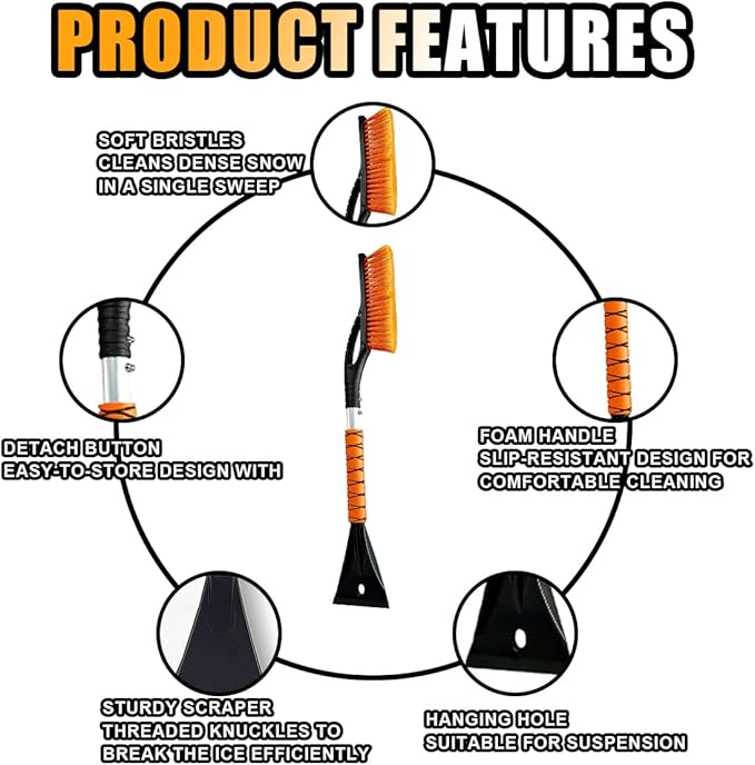 27" Snow Brush and Ice Scrapers for Car Windshield and Window, Detachable Winter Snow Remover Ice Shovel Tool with Ergonomic Foam Grip & No Scratch Bristles, Car Accessories for Truck SUV (Orange)