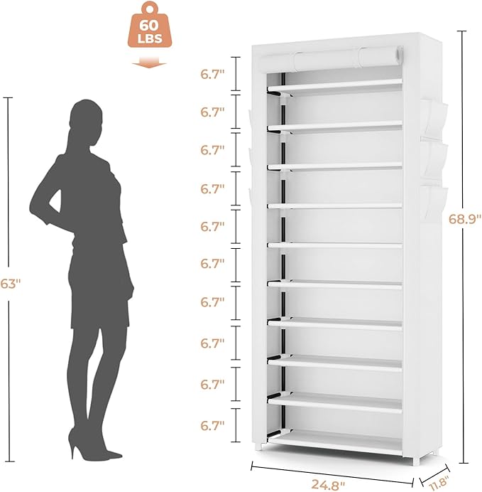 VTRIN Vertical Narrow Shoe Rack Organizer Tall Shoe Rack for Closet Entryway 10 Tier Non-Woven Cover Shoe Shelf Holds 36-41 P