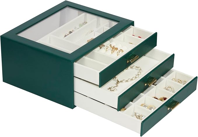 Jewelry Box Organizer with 3 Drawers,Glass Lid Jewelry Boxes for Women,Jewelry Storage for Rings,Necklaces,Earrings,Bracelets
