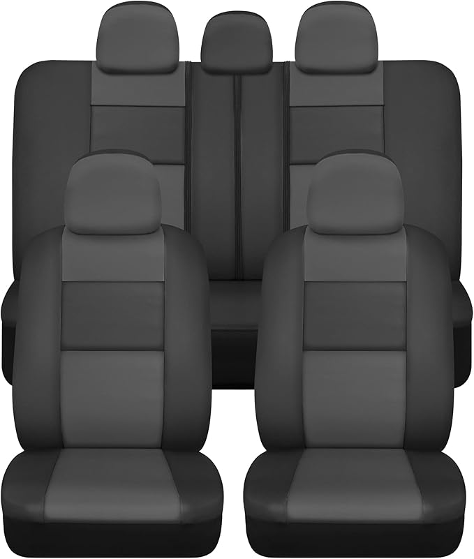 BDk Faux Leather Car Seat Cover Full Set - Front & Rear Split Bench Charcoal Seat Covers For SUV & Truck Seat Covers, Airbag 