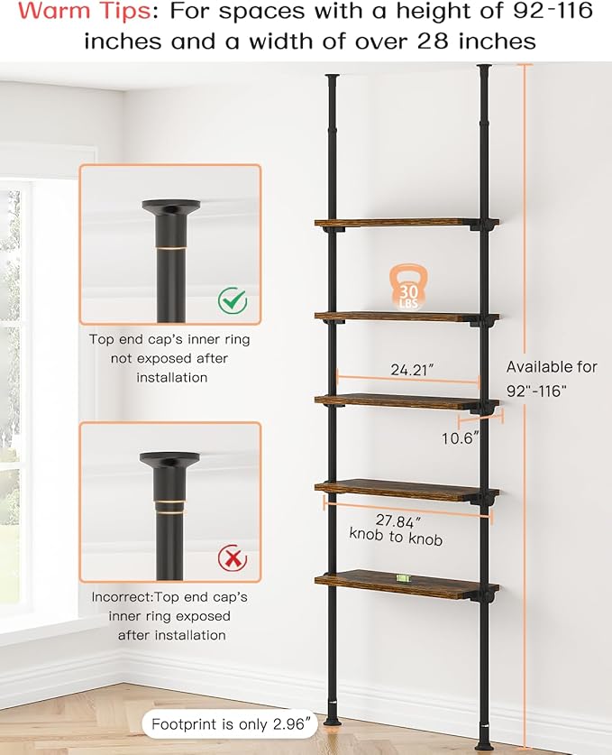 ALLZONE 5 Tiers Narrow Bookshelf, Tall Adjustable Ladder Book Shelf with Open Storage, Floor to Ceiling Tension Mount, Wooden
