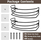 Fikoksol Hat Organizer for Baseball Caps, 2-Pack Black Metal Hat Rack for Wall Door, Adhesive/Wall Mounted Hat Storage Holder