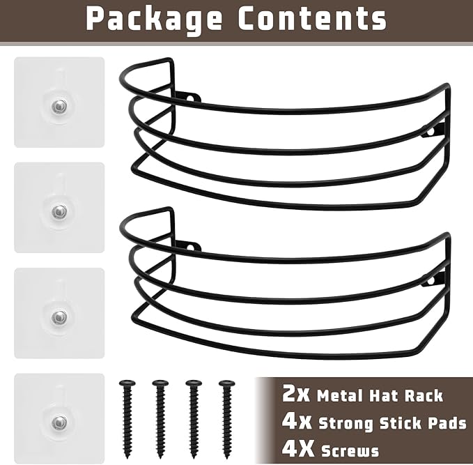 Fikoksol Hat Organizer for Baseball Caps, 2-Pack Black Metal Hat Rack for Wall Door, Adhesive/Wall Mounted Hat Storage Holder