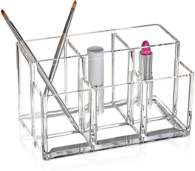 Foraineam 2 Pack Acrylic Makeup Brushes Holder with 6 Slots, Clear Pen Pencil Organizer Desktop Stationery Storage Container,