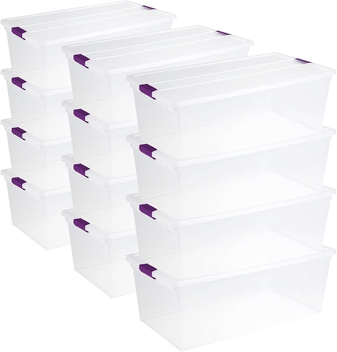 Sterilite 12-Pack 110 Quart ClearView Latch Box, Stackable Organizer Bins with Latching Lids - Clear Plastic Organization Con