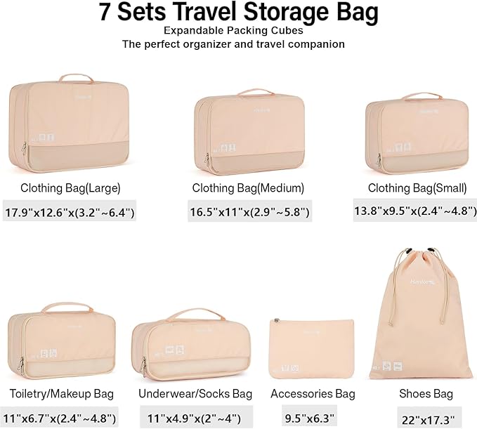 Hanke 7 Set Compression Packing Cubes for Travel, Expandable Large Packing Cubes for Suitcases and Backpack, Luggage Packing 