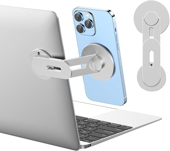 Magnetic Phone Holder for Laptop, MagSafe Laptop Phone Mount for iPhone 17/16/15/14/13/12 & All Phones, 180°Adjustable, Magnetic Phone Holder for Tesla Monitor (Silver)