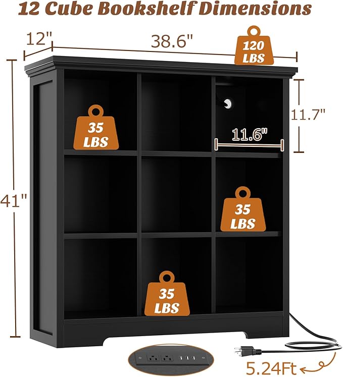 Aheaplus Wooden 9-Cube Storage Organizer with Charging Ports, Modern Cube Bookcase with Base, 4-Tier Floor Standing Open Cubb