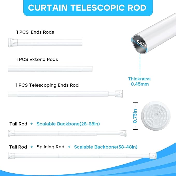 4PCS Small Tension Curtain Rod 28 to 48 Inch,White Short Curtain Rods No Drilling,Loaded Expandable Spring Curtain Rods for K